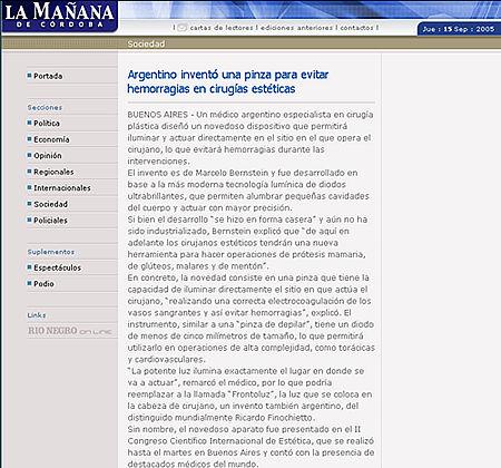 Argentino invento una pinza para evitar hemorragias en cirugias esteticas - Articulo publicado en el diario La Maana de Cordoba, el 15-09-2005-
